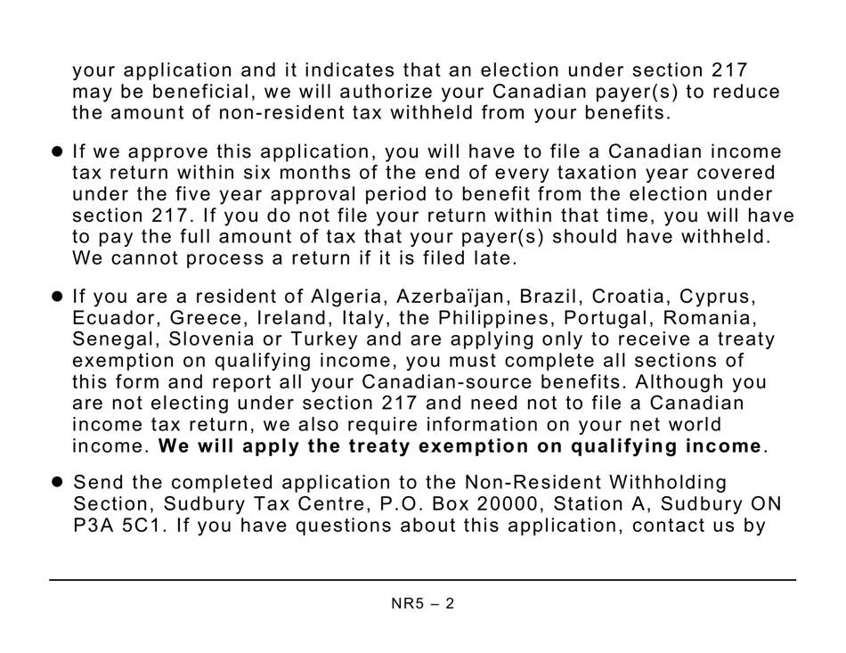 Form NR5 Application by a Non-resident of Canada When Completed for a Reduction in the Amount of Non-resident Tax Required to Be Withheld - Large Print - Canada, Page 2