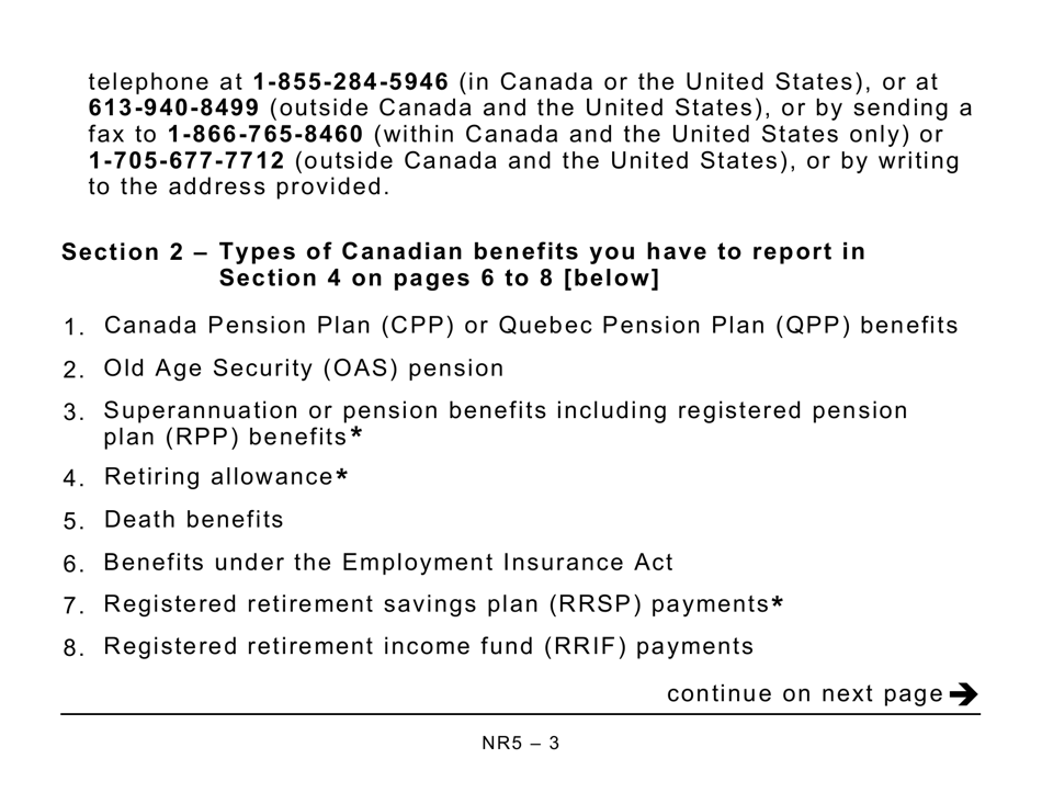 Form NR5 Application by a Non-resident of Canada When Completed for a Reduction in the Amount of Non-resident Tax Required to Be Withheld - Large Print - Canada, Page 3