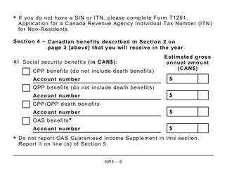 Form NR5 Application by a Non-resident of Canada When Completed for a Reduction in the Amount of Non-resident Tax Required to Be Withheld - Large Print - Canada, Page 6