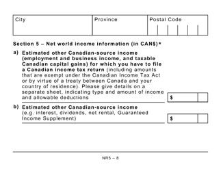 Form NR5 Application by a Non-resident of Canada When Completed for a Reduction in the Amount of Non-resident Tax Required to Be Withheld - Large Print - Canada, Page 8