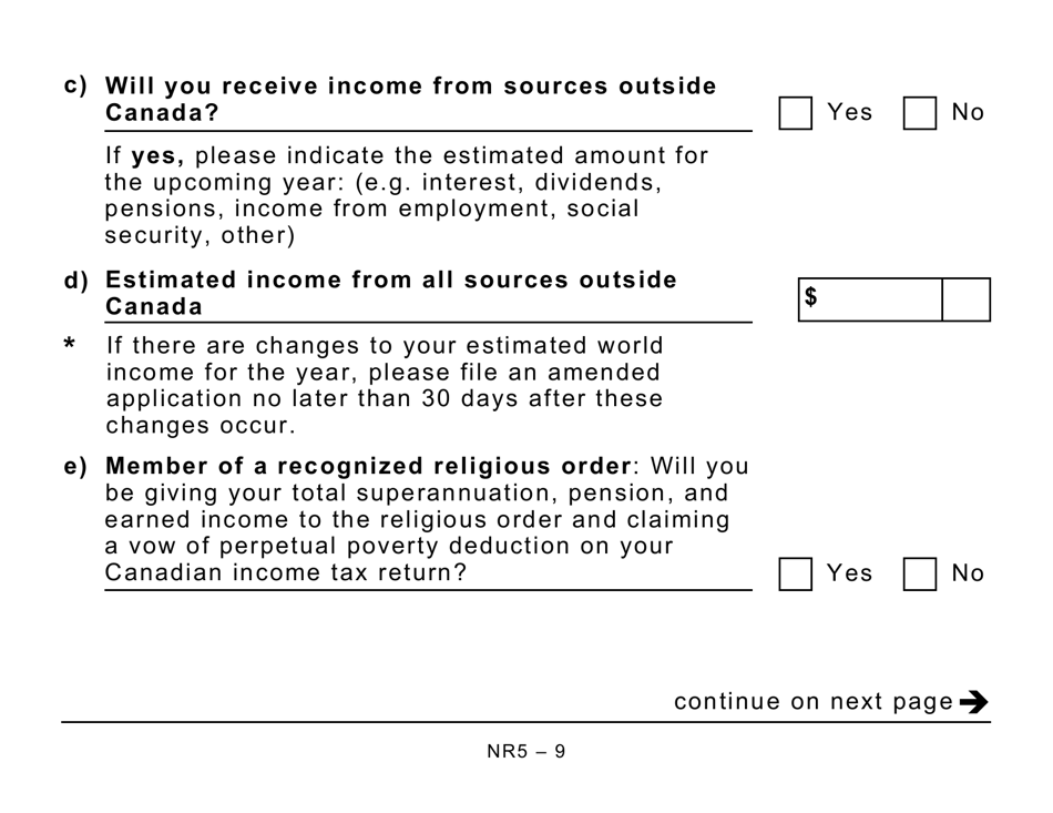Form NR5 Application by a Non-resident of Canada When Completed for a Reduction in the Amount of Non-resident Tax Required to Be Withheld - Large Print - Canada, Page 9
