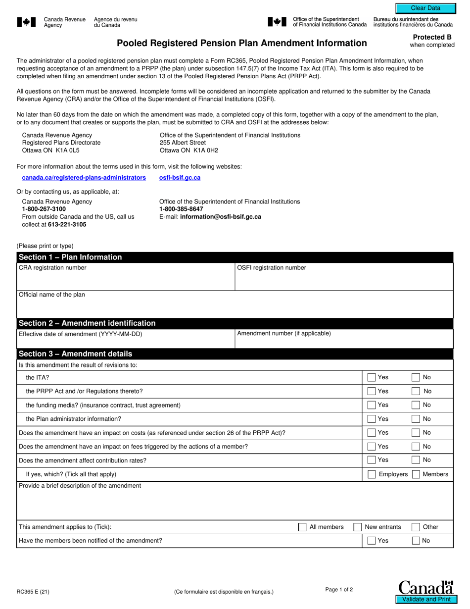 Form RC365 Pooled Registered Pension Plan Amendment Information - Canada, Page 1