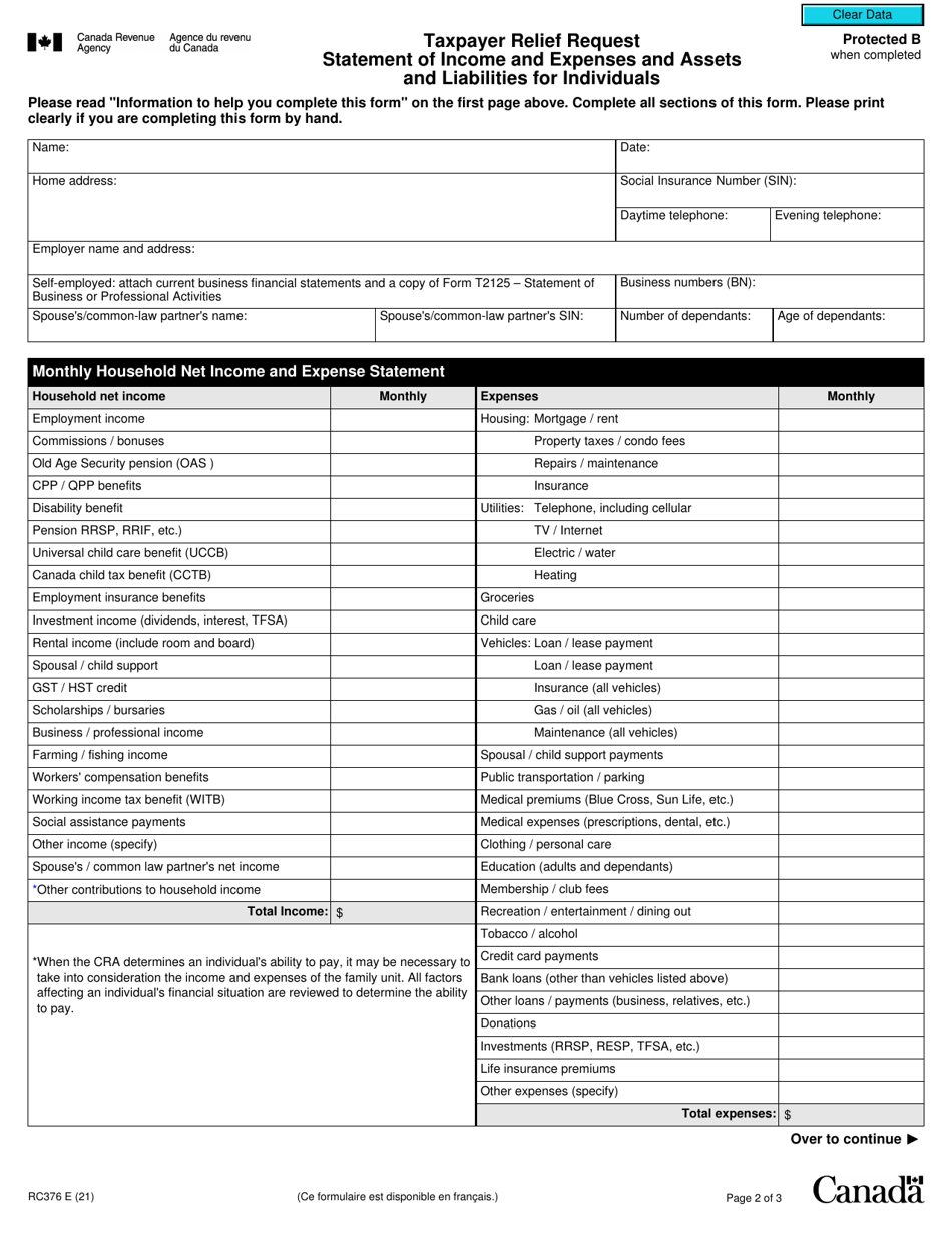 Form RC376 Taxpayer Relief Request Statement of Income and Expenses and Assets and Liabilities for Individuals - Canada, Page 2