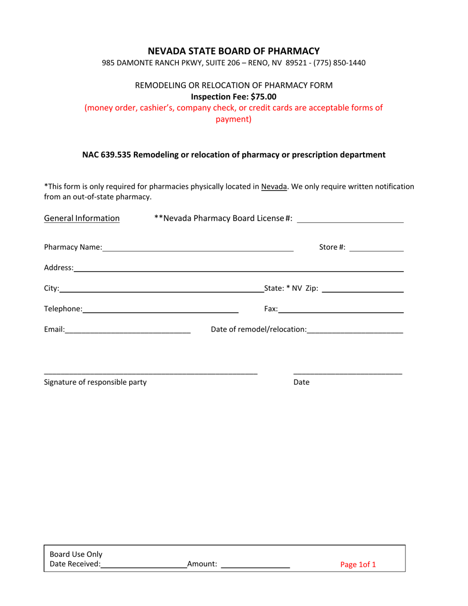 Remodeling or Relocation of Pharmacy Form - Nevada, Page 1