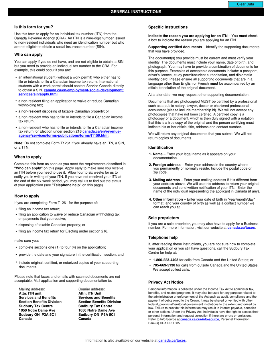 Form T1261 Application for a Canada Revenue Agency Individual Tax Number (Itn) for Non-residents - Canada, Page 2