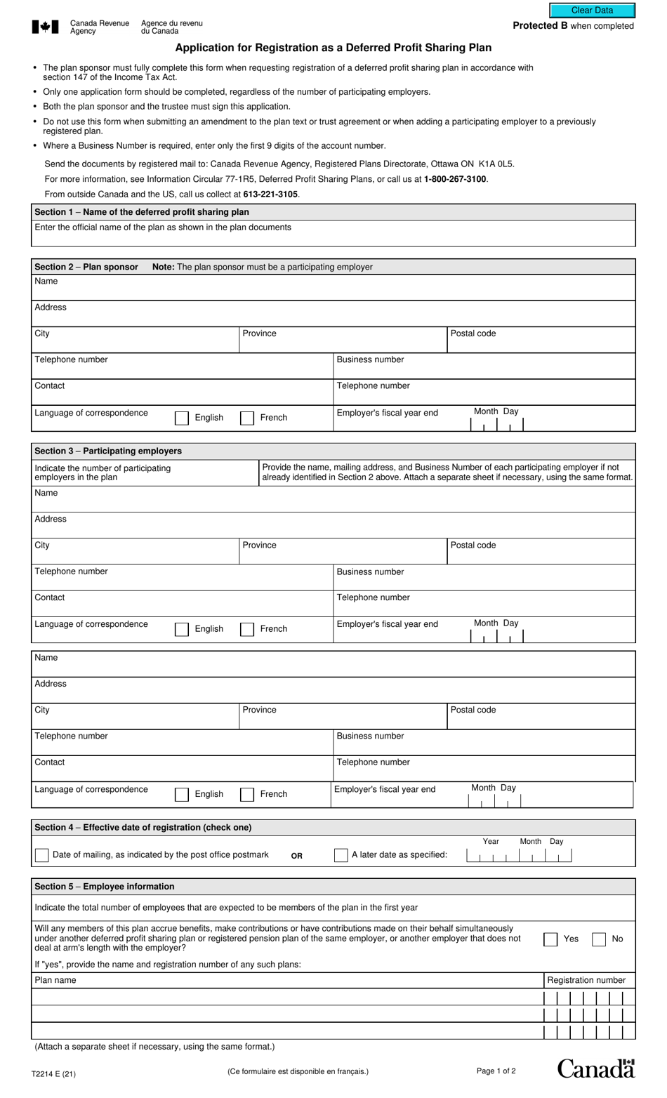 Form T2214 Application for Registration as a Deferred Profit Sharing Plan - Canada, Page 1