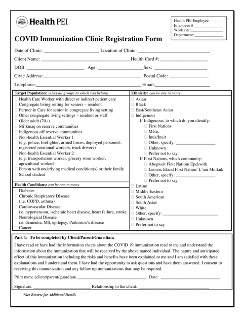 Covid Immunization Clinic Registration Form - Prince Edward Island, Canada Download Pdf