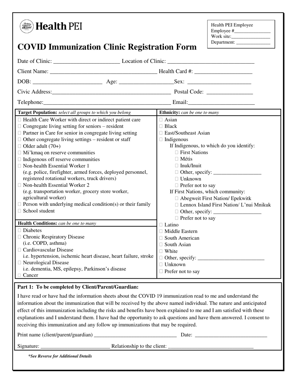 Covid Immunization Clinic Registration Form - Prince Edward Island, Canada, Page 1