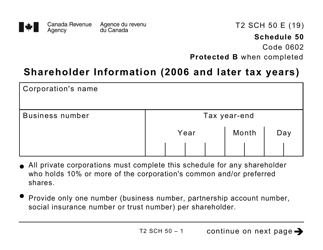 Document preview: Form T2 Schedule 50 Shareholder Information (2006 and Later Tax Years) - Large Print - Canada
