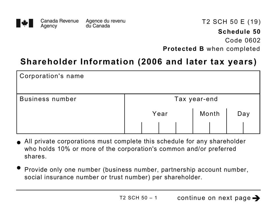 Form T2 Schedule 50 Shareholder Information (2006 and Later Tax Years) - Large Print - Canada, Page 1