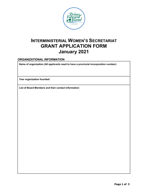 Interministerial Women's Secretariat Grant Application Form - Prince Edward Island, Canada Download Pdf