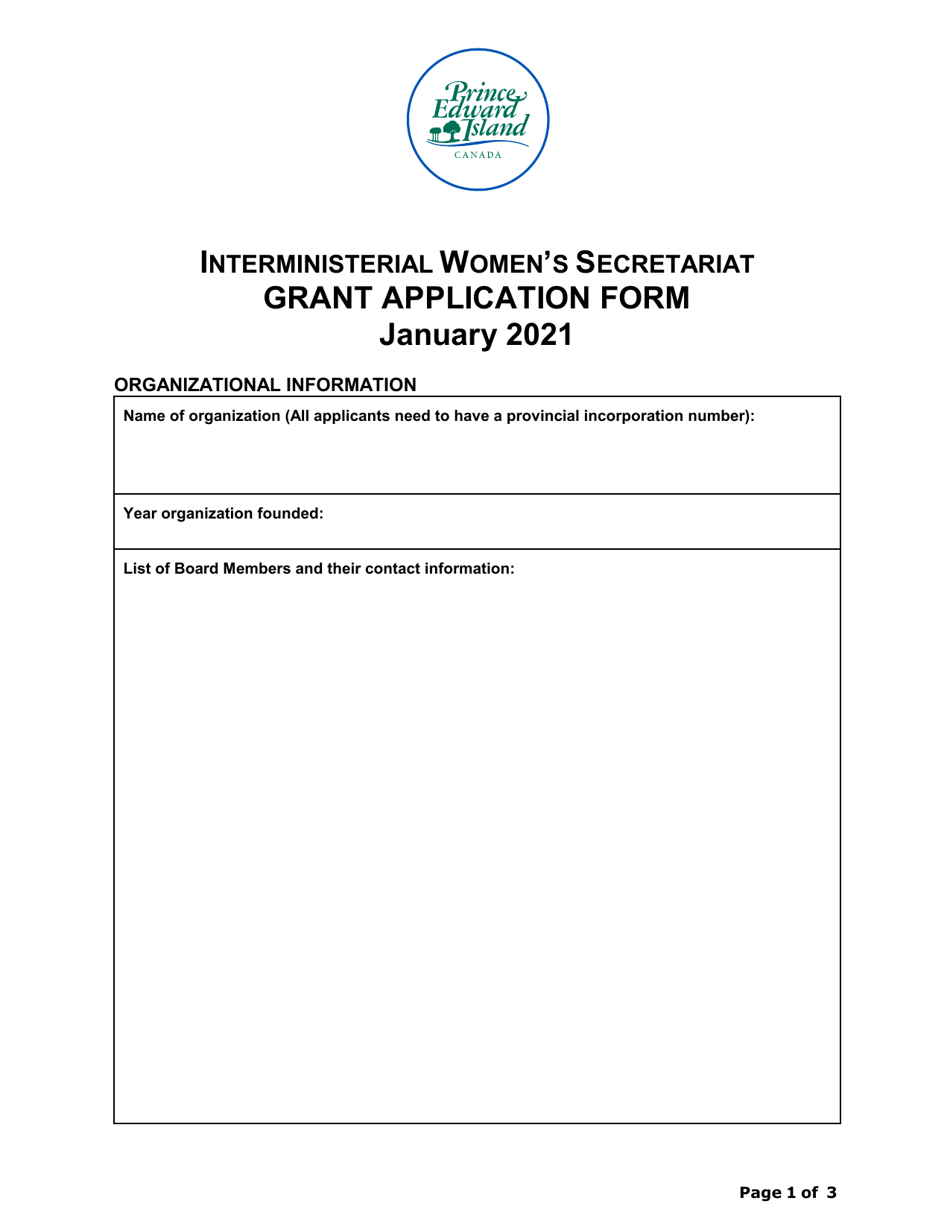 Interministerial Womens Secretariat Grant Application Form - Prince Edward Island, Canada, Page 1