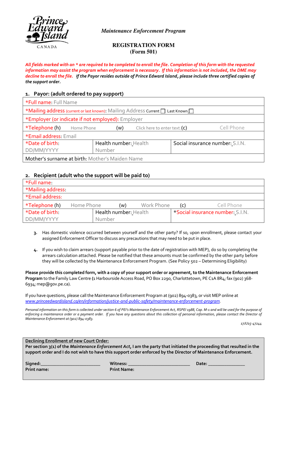 Form 501 Registration Form - Maintenance Enforcement Program - Prince Edward Island, Canada, Page 1