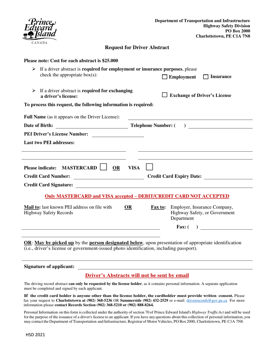 Request for Driver Abstract - Prince Edward Island, Canada, Page 1