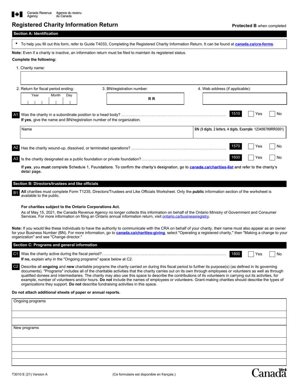 Form T3010 Registered Charity Information Return - Canada, Page 1