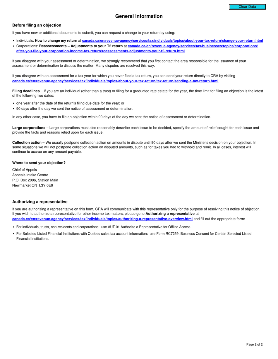 Form T400A Notice of Objection - Income Tax Act - Canada, Page 2