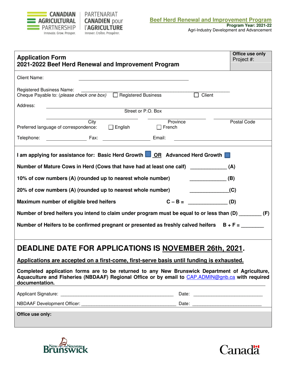 Application Form - Beef Herd Renewal and Improvement Program - New Brunswick, Canada, Page 1
