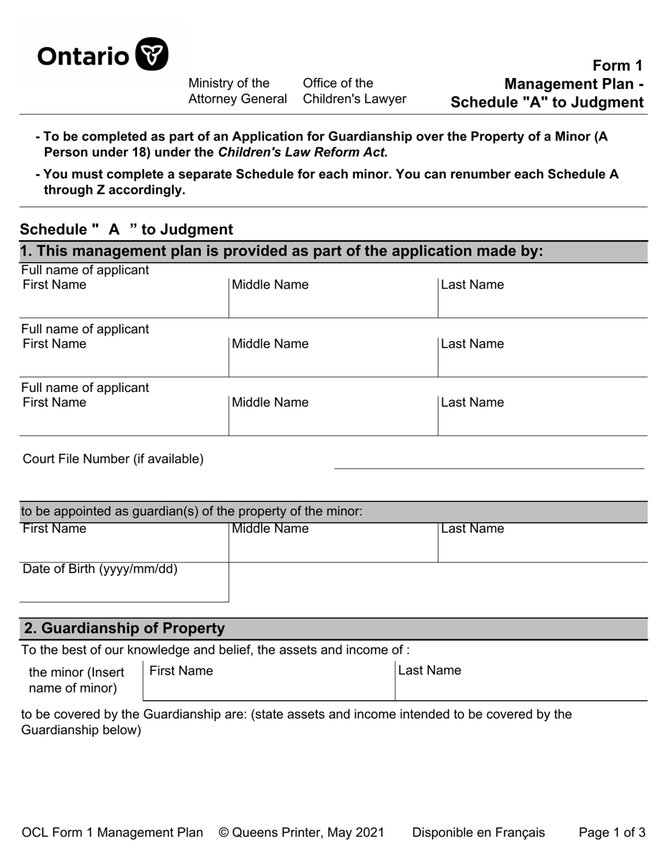 OCL Form 1 Management Plan - Schedule a to Judgment - Ontario, Canada, Page 1