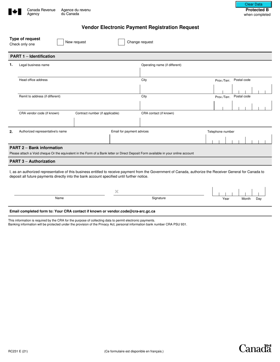 Form RC231 Vendor Electronic Payment Registration Request - Canada, Page 1