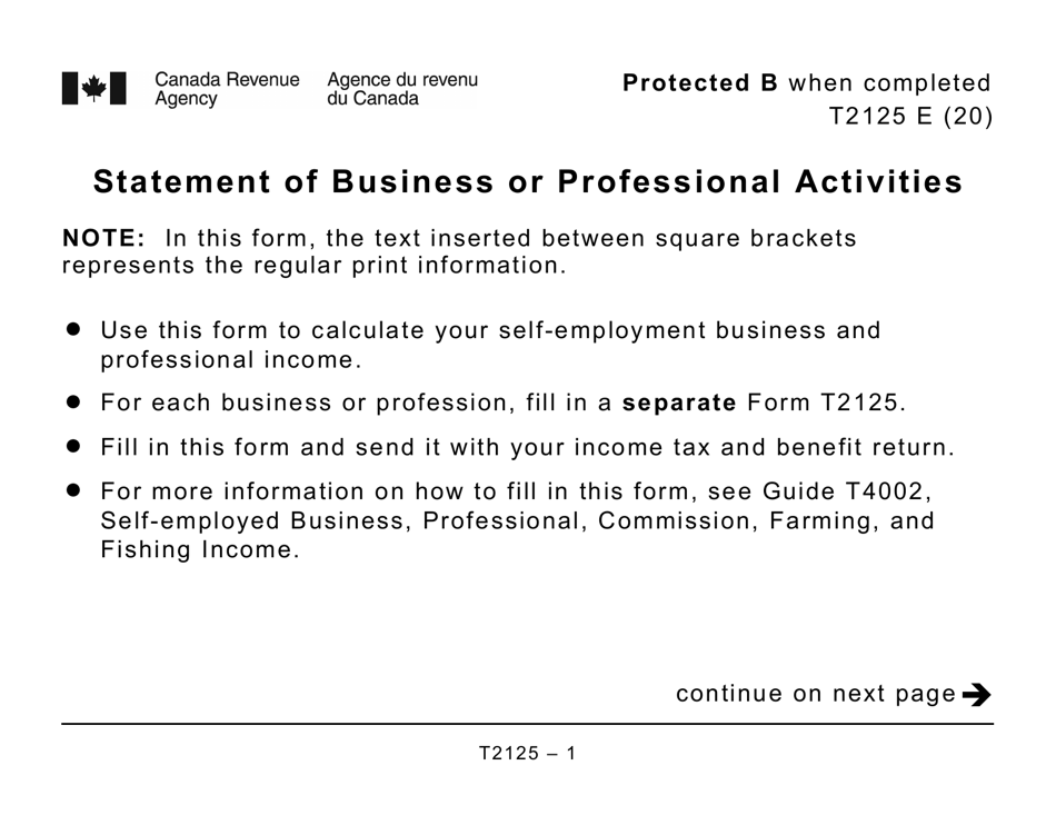 Form T2125 Statement of Business or Professional Activities (Large Print) - Canada, Page 1
