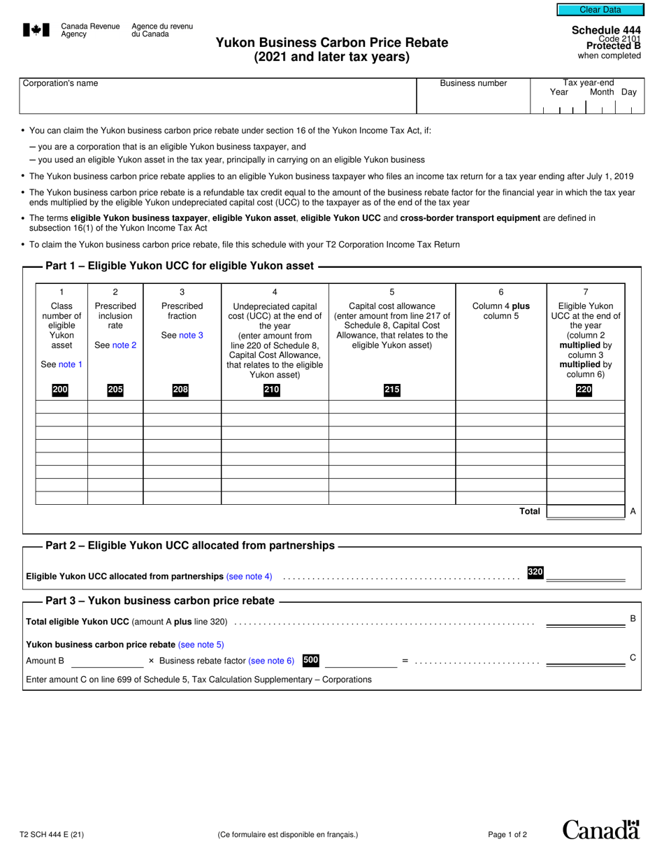 Form T2 Schedule 444 Yukon Business Carbon Price Rebate (2021 and Later Tax Years) - Canada, Page 1