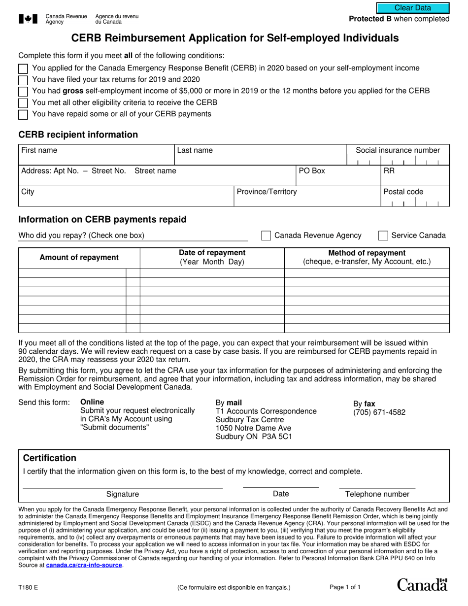 Form T180 Cerb Reimbursement Application for Self-employed Individuals - Canada, Page 1