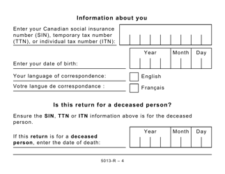 Form 5013-R Income Tax and Benefit Return for Non-residents and Deemed Residents of Canada - Large Print - Canada, Page 4
