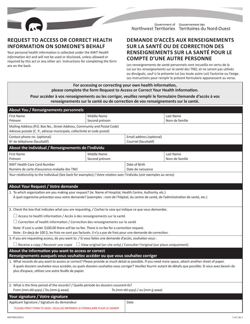 Form NWT8922 Request to Access or Correct Health Information on Someones Behalf - Northwest Territories, Canada (English / French), Page 1