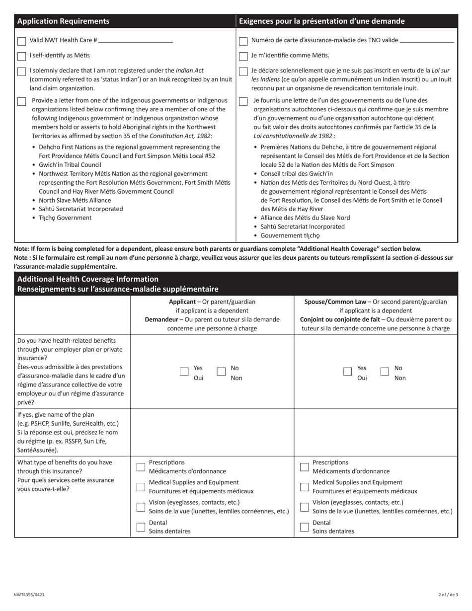Form NWT4355 Metis Health Benefits Application - Northwest Territories, Canada (English / French), Page 2