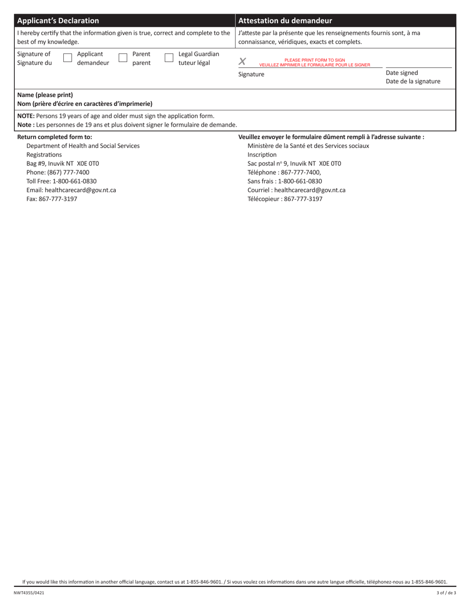 Form NWT4355 Metis Health Benefits Application - Northwest Territories, Canada (English / French), Page 3