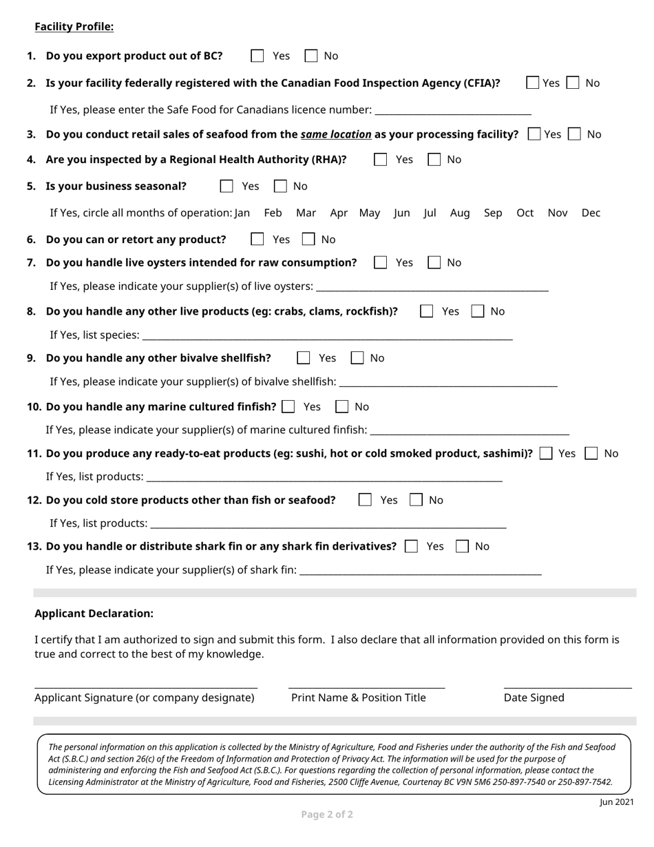Seafood Processor Licence Application - British Columbia, Canada, Page 2