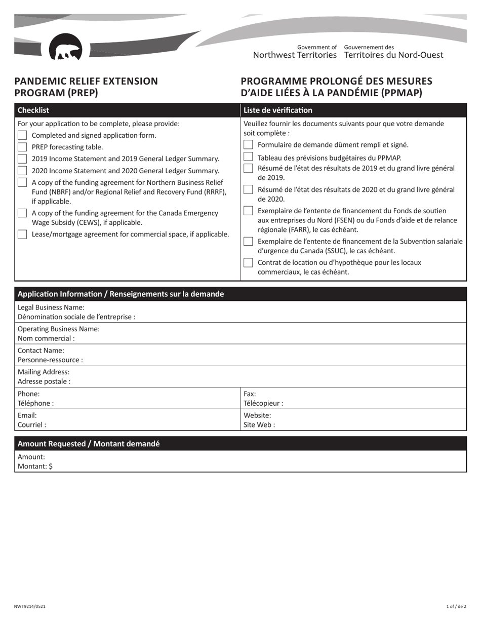 Form NWT9214 Pandemic Relief Extension Program (Prep) Application - Northwest Territories, Canada (English / French), Page 1