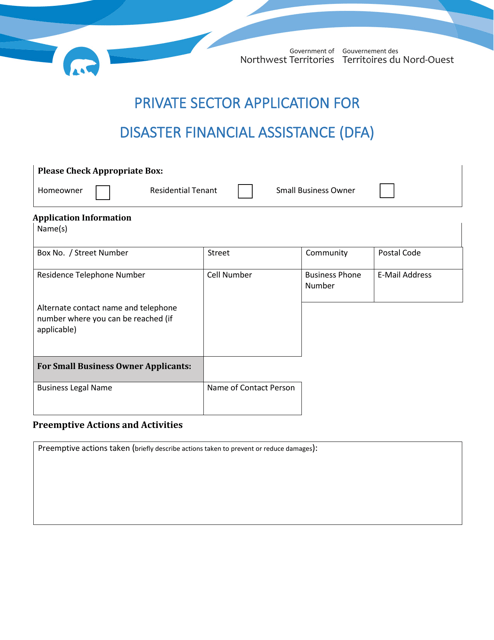Private Sector Application for Disaster Financial Assistance (Dfa) - Northwest Territories, Canada Download Pdf