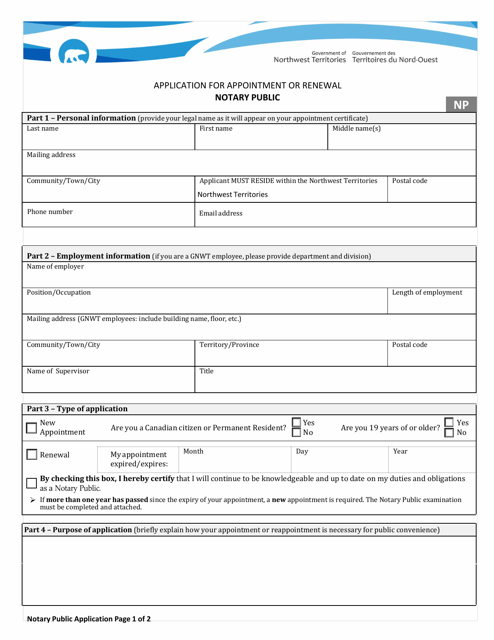 Application for Appointment or Renewal Notary Public - Northwest Territories, Canada Download Pdf