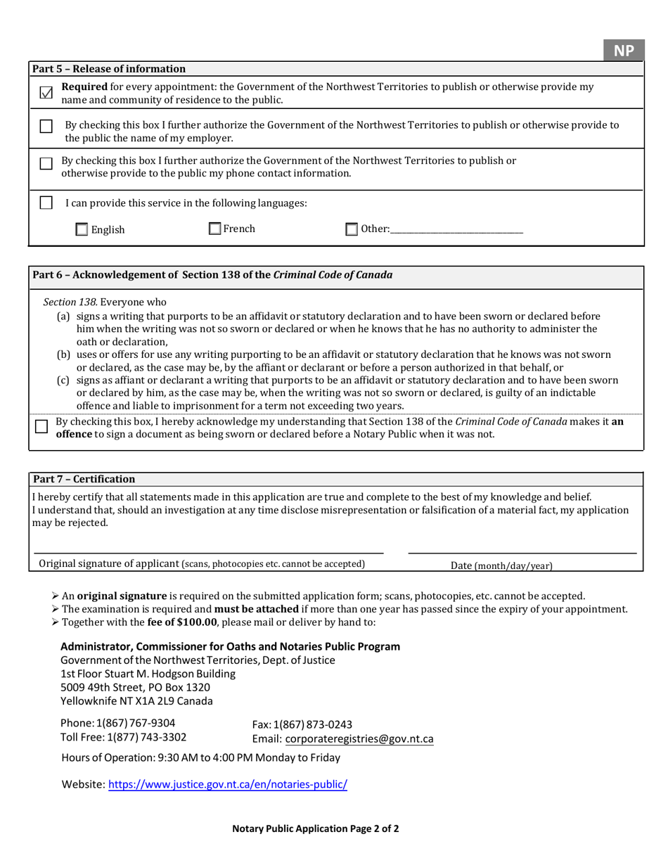 Application for Appointment or Renewal Notary Public - Northwest Territories, Canada, Page 2