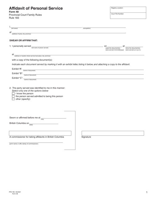 Form 48 (PFA765) Affidavit of Personal Service - British Columbia, Canada