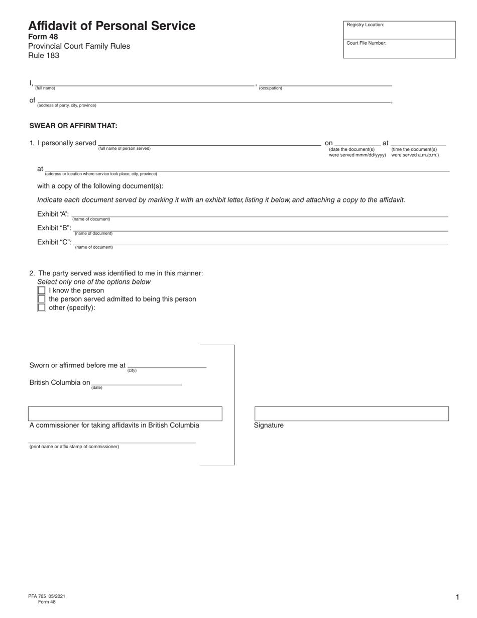 Form 48 (PFA765) Affidavit of Personal Service - British Columbia, Canada, Page 1