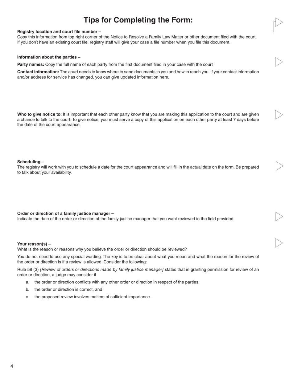 Form 9 (PFA746) Application for Permission and Review of Family Justice Manager Order or Direction - British Columbia, Canada, Page 3