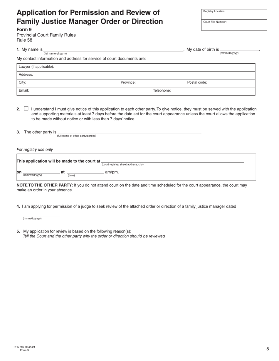 Form 9 (PFA746) Application for Permission and Review of Family Justice Manager Order or Direction - British Columbia, Canada, Page 4