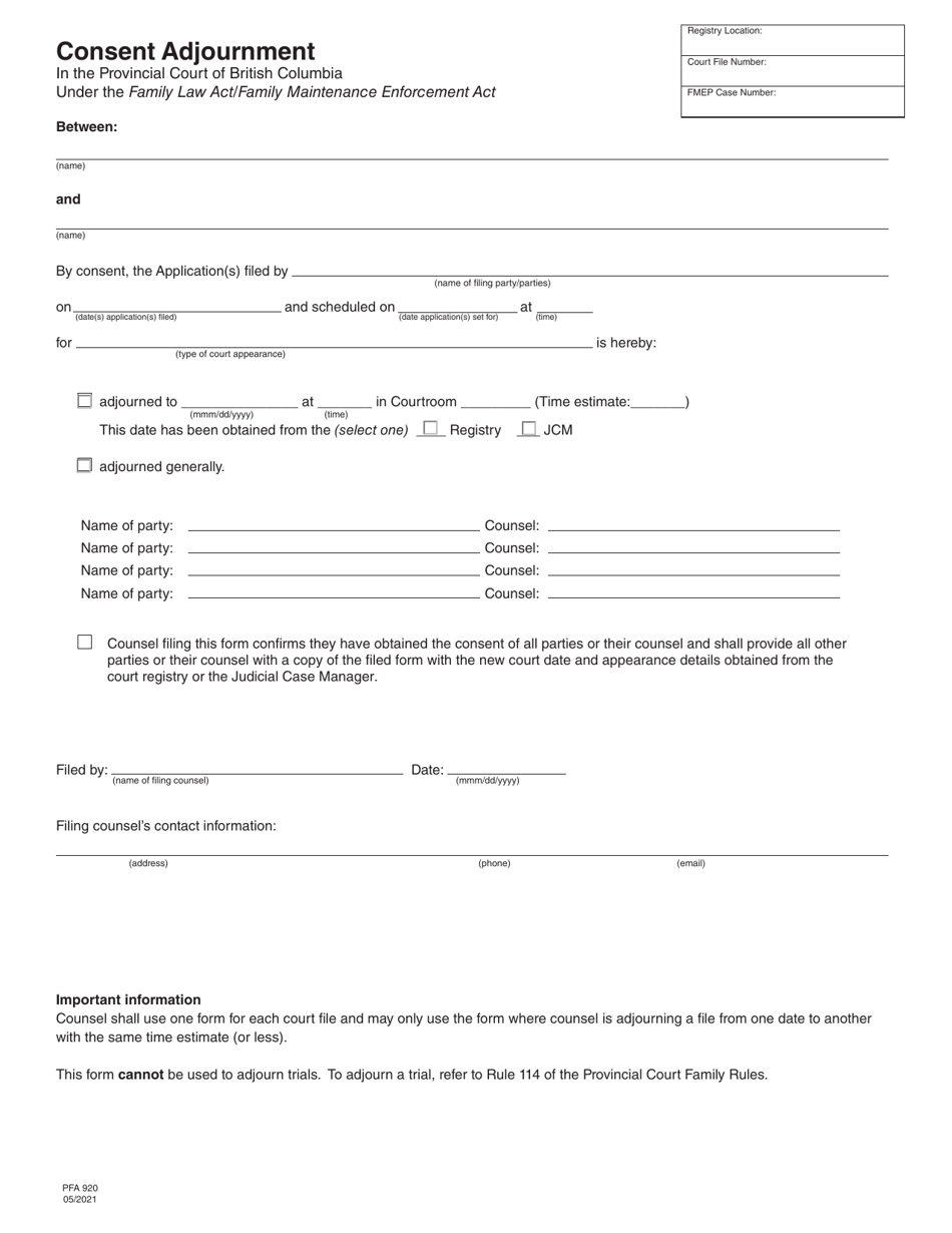 Form PFA920 Consent Adjournment - British Columbia, Canada, Page 1