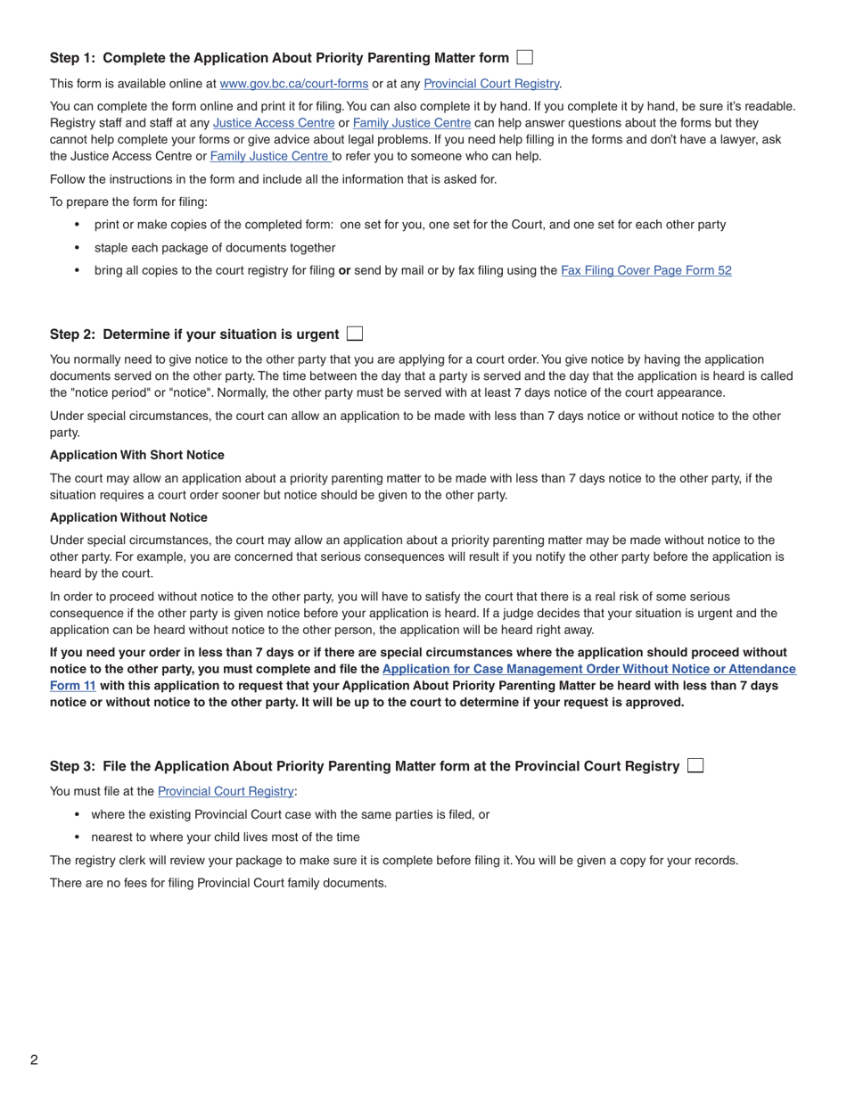 Form 15 (PFA722) Application About Priority Parenting Matter - British Columbia, Canada, Page 2