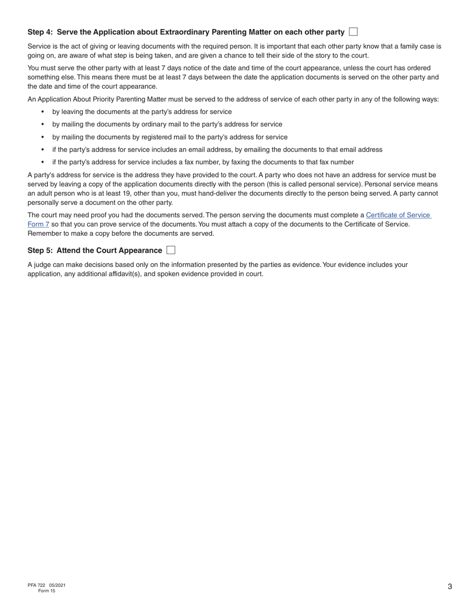 Form 15 (PFA722) Application About Priority Parenting Matter - British Columbia, Canada, Page 3
