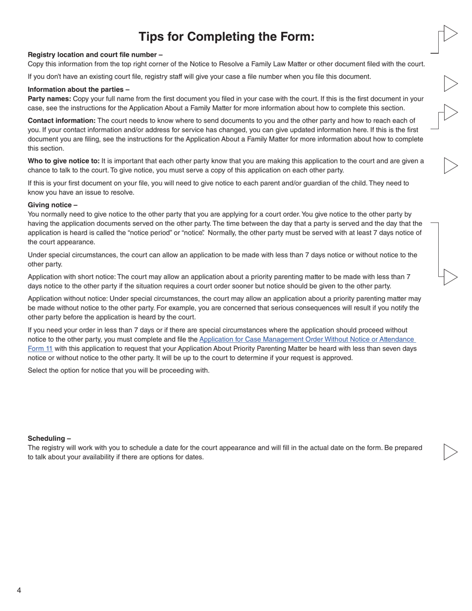 Form 15 (PFA722) Application About Priority Parenting Matter - British Columbia, Canada, Page 4