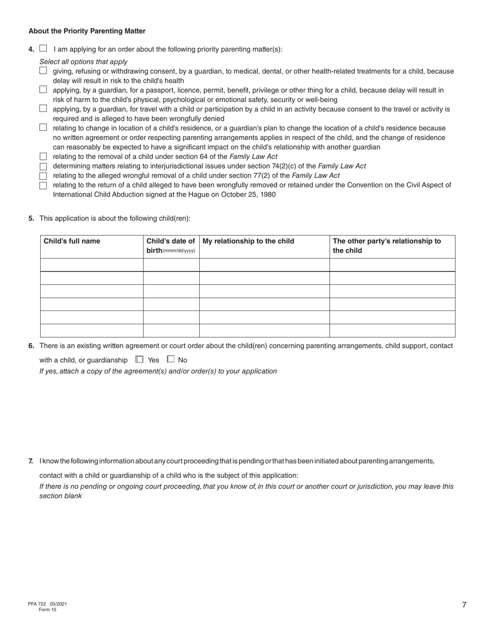 Form 15 (PFA722) Application About Priority Parenting Matter - British Columbia, Canada, Page 7