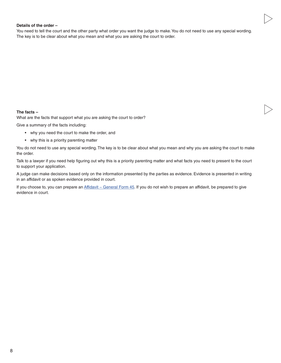 Form 15 (PFA722) Application About Priority Parenting Matter - British Columbia, Canada, Page 8