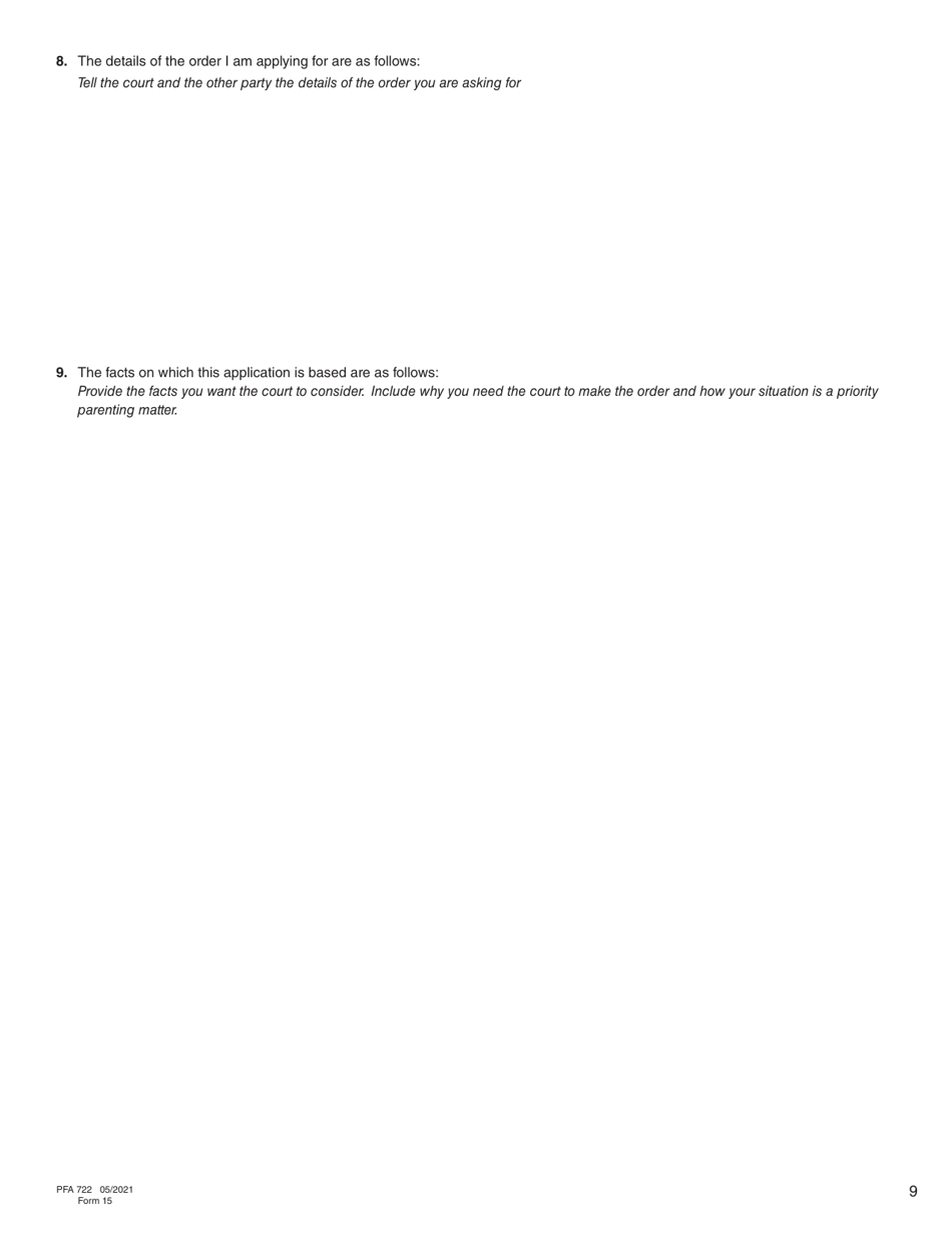 Form 15 (PFA722) Application About Priority Parenting Matter - British Columbia, Canada, Page 9