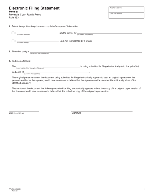 Form 51 (PFA768) Electronic Filing Statement - British Columbia, Canada