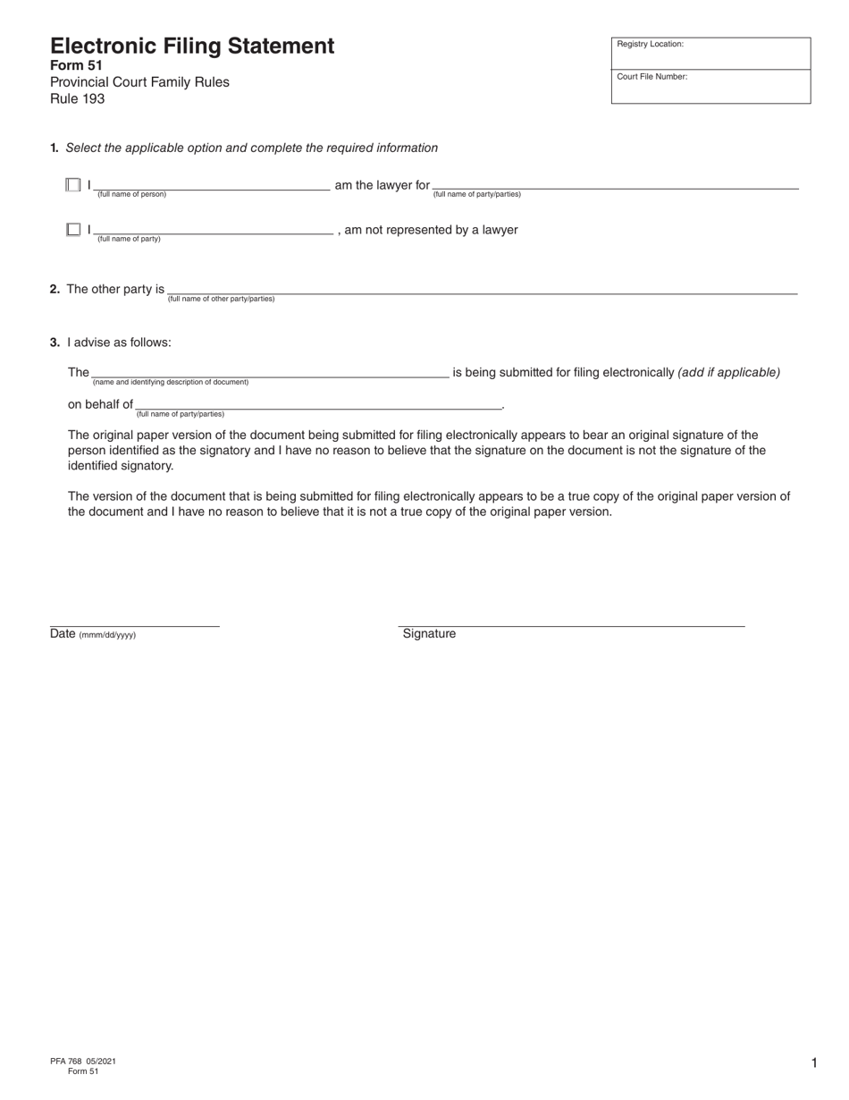 Form 51 (PFA768) Electronic Filing Statement - British Columbia, Canada, Page 1