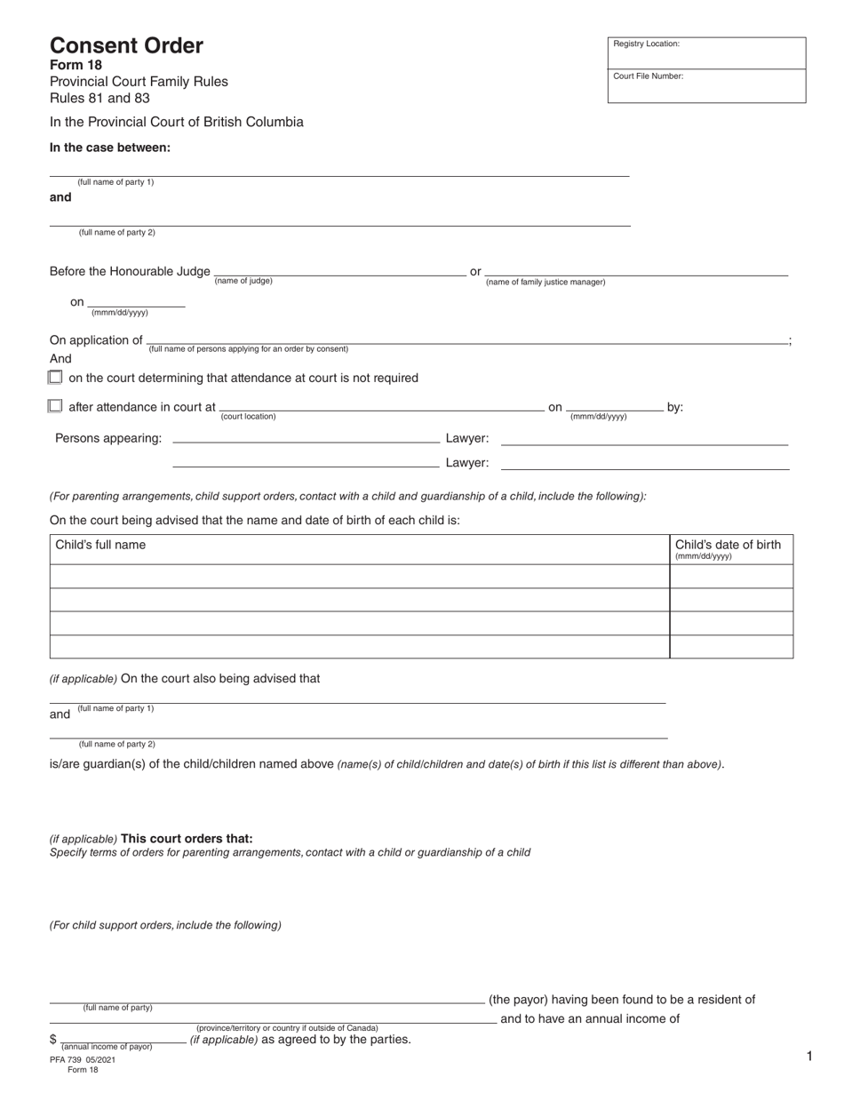 Form 18 (PFA739) Consent Order - British Columbia, Canada, Page 1