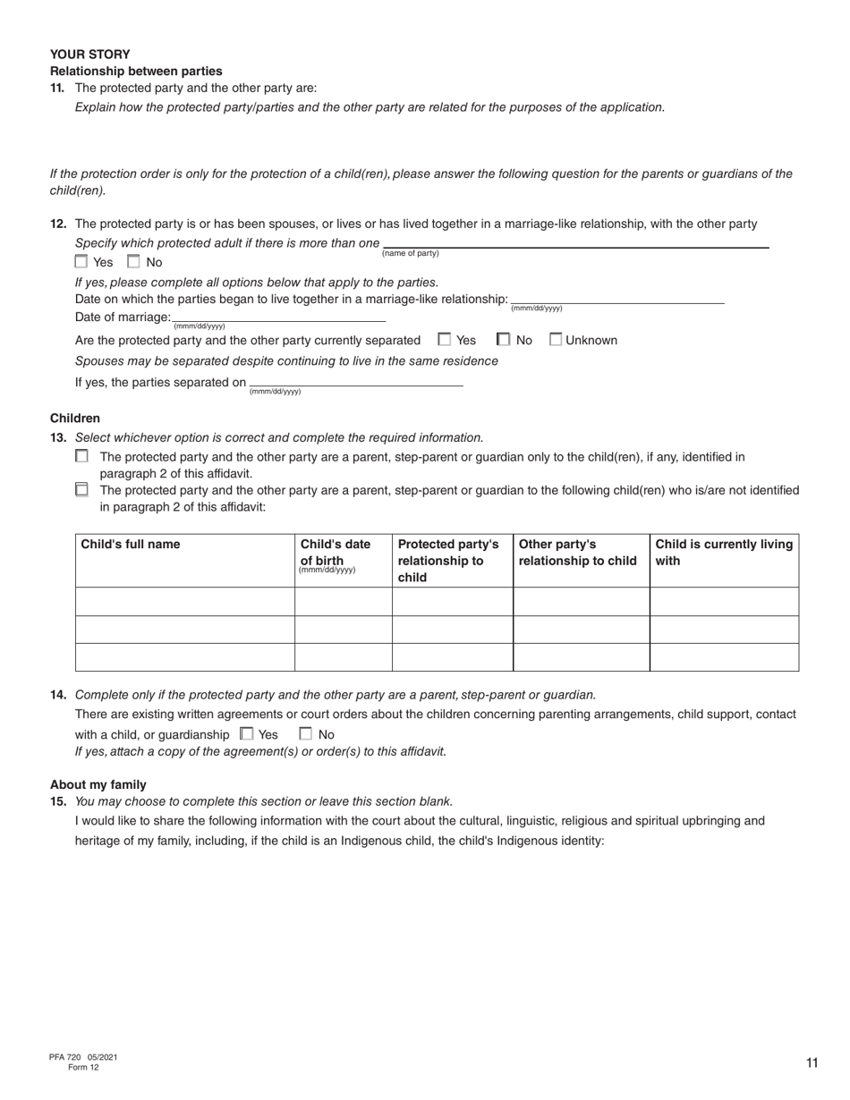 Form 12 (PFA720) Application About a Protection Order - British Columbia, Canada, Page 11